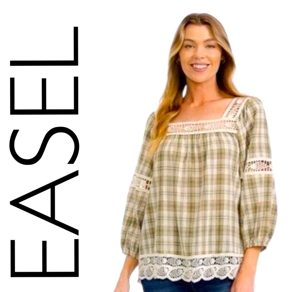 EASEL NWT PLAID & LACE TOP
